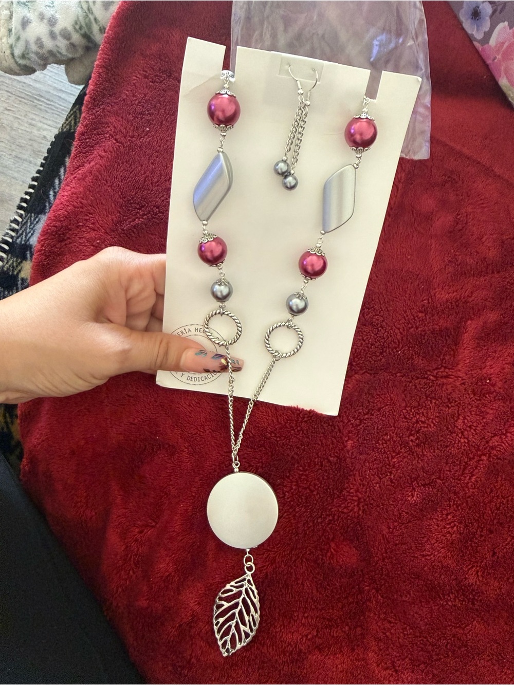 Silver Leaf Pendant Necklace and Earrings Set with Pink and Gray Beads